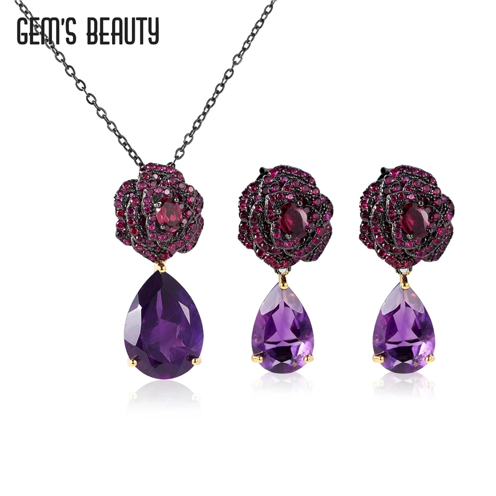 GEM'S BEAUTY Flower Rose Jewelry Sets 925 Sterling Silver Natural Amethyst Necklace Earring Sets for Original Design Women