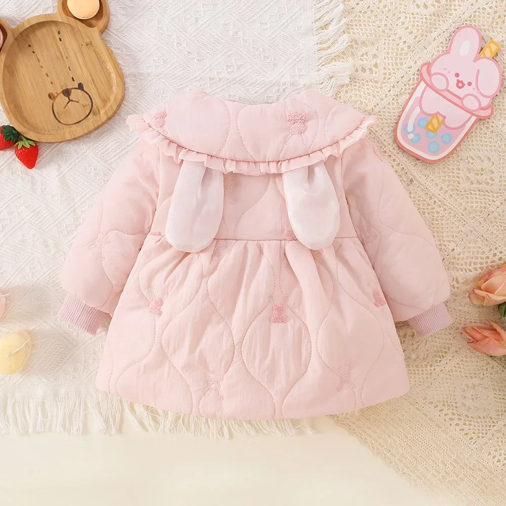 (0-4 Years Old Girls) Winter New Girls\' Coat Lapel Lace Ruffle Bunny Fluffy Sweet Coat Fashion All-Match Coat Long Sleeves