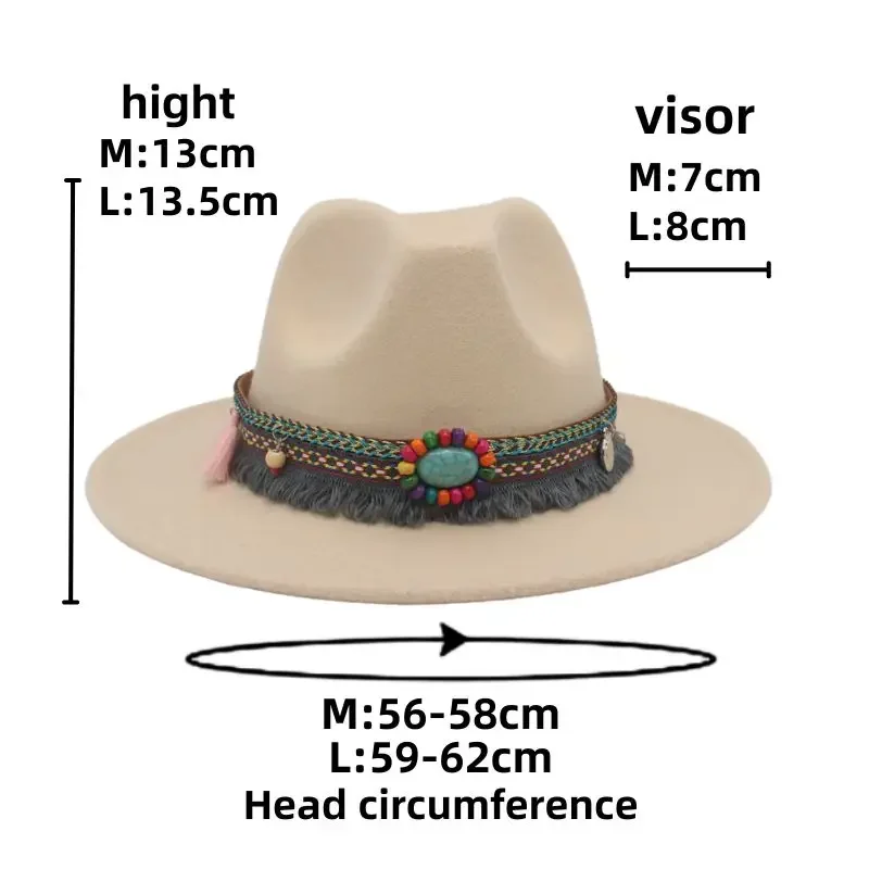 Nuevo sombrero fedora de ala ancha de baile de estilo étnico Sombrero de fieltro casual de lana de imitación de mujer de 52-62 cm sombrero