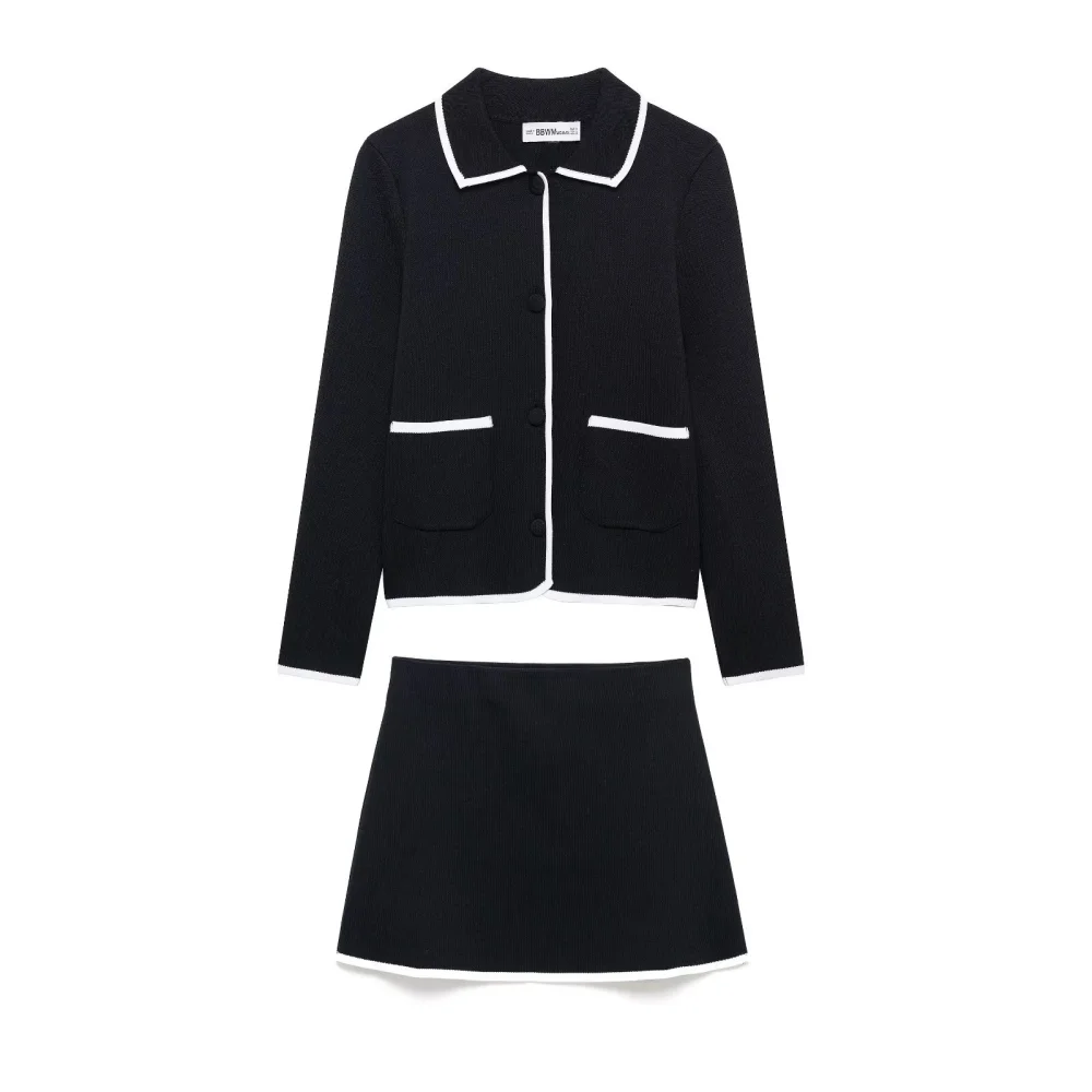 

2025 BM&MD&ZA Women's Casual Knit Suit Black Cardigan with White Trim and Pockets Paired with Matching Mini Skirt