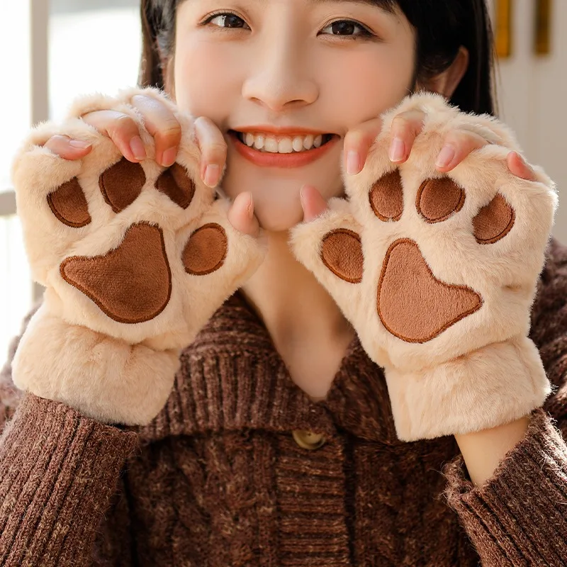 

Cute Cat Paw Fluffy Claw Fingerless Gloves Women Winter Warm Soft Plush Half Finger Mittens Kawaii Cat Mittens Girls Gloves Gift