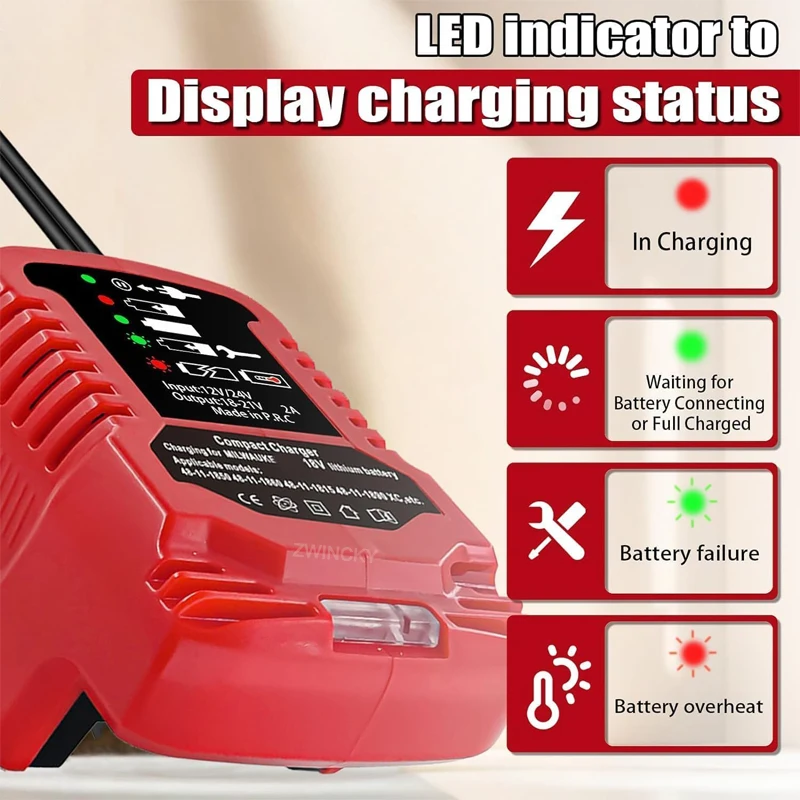 für Milwaukee 18V Lithium-Batterie Kompaktfahrzeug-Ladegerät DC 12V/24V Tragbares Autoladegerät für Milwaukee 48-11-1852 48-11-1811 – Detail 4