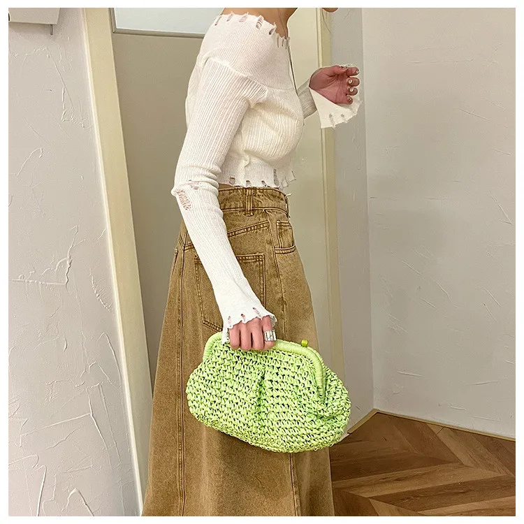 Straw Dumpling Clutch Bag Woven Straw Tote Straw Clutch Purse For Women Summer Beach Bag Wicker Clutch, Straw Purses For Women