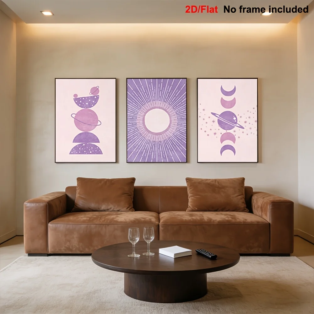 (No frame)2D Flat, 3pcs Bohemian Lilac & Beige Frameless Vertical Wall Art Suitable for Living Room, Modern Minimalist Sun Mo