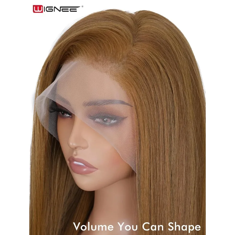WIGNEE peluca con malla frontal sintética 13x6, 28 peluca marrón mixta, pelucas frontales de encaje hechas a mano prearrancadas con pelo Kanekalon Futura Volumino