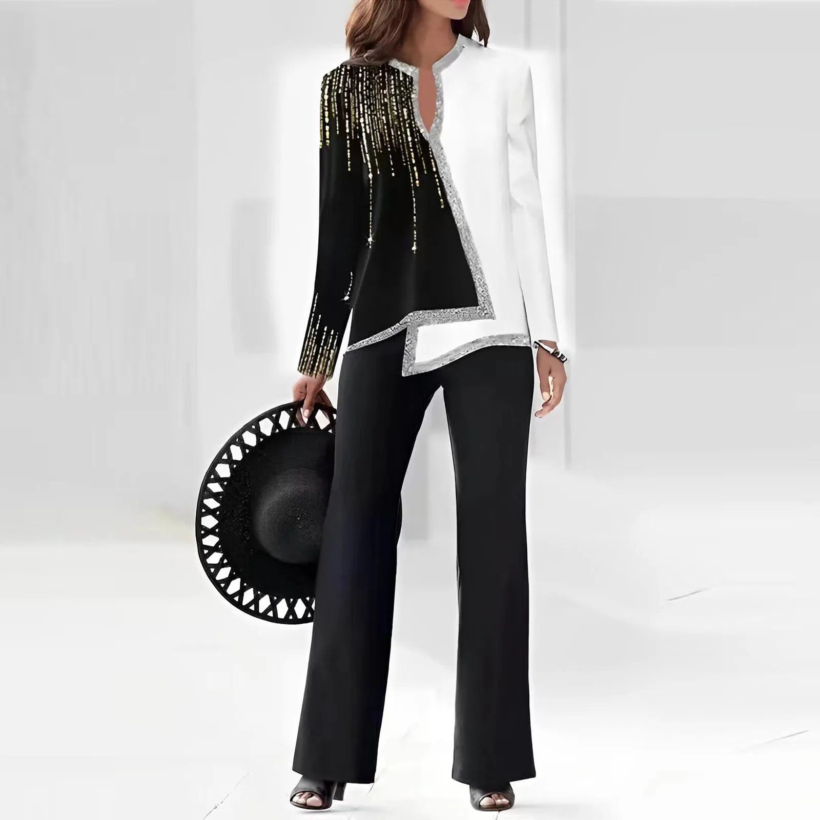 

Autumn New Fashion 2-piece Top Pants O Necks Female Elegant Loose-fitting Suit Set Business Suit Blazer Set Blouse Trousers