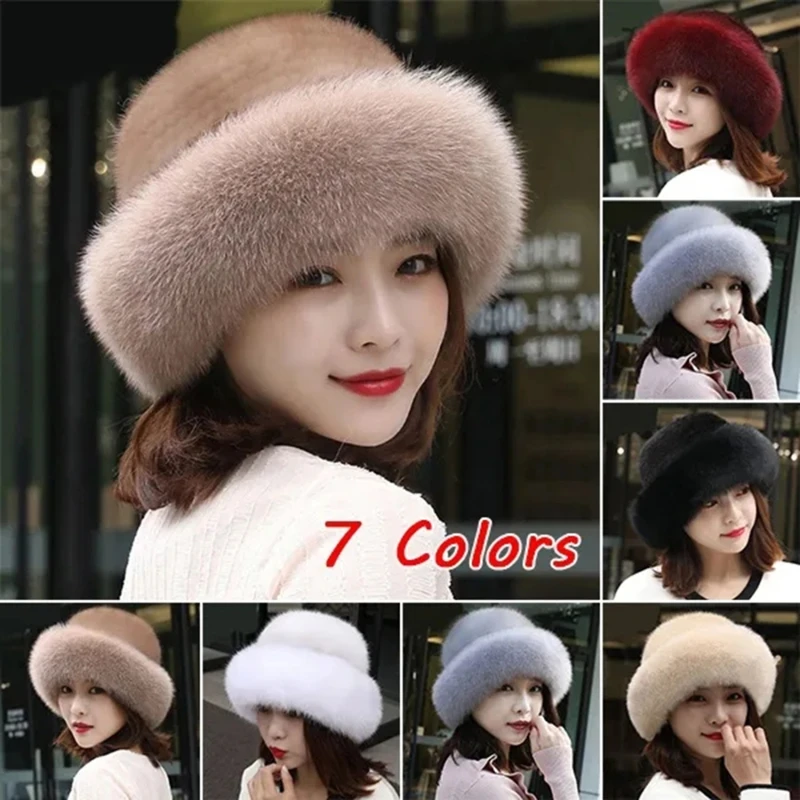 1PC Faux Fox Fur Beanies Caps Women Girls Solid Soft Thickened Furry Berets Hat Lady Elegant Winter Outdoor Windproof Warm Hat