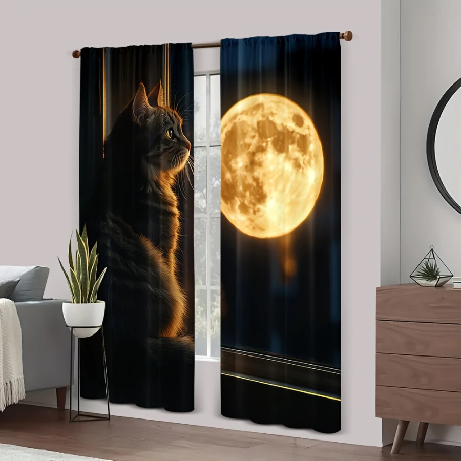 2PCS Digital Printed Curtains, Tabby Cat Watching Full Moon Night Window, Realistic Mystical Feline Moonlight Window Decor
