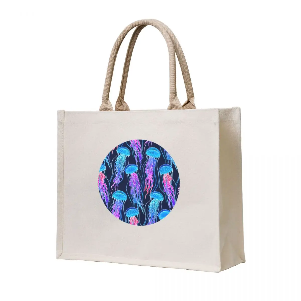 

Luminescent Rainbow Jellyfish on Navy Blue Tote Bag Reusable bags Canvas shoulder bag Portable shopping bag