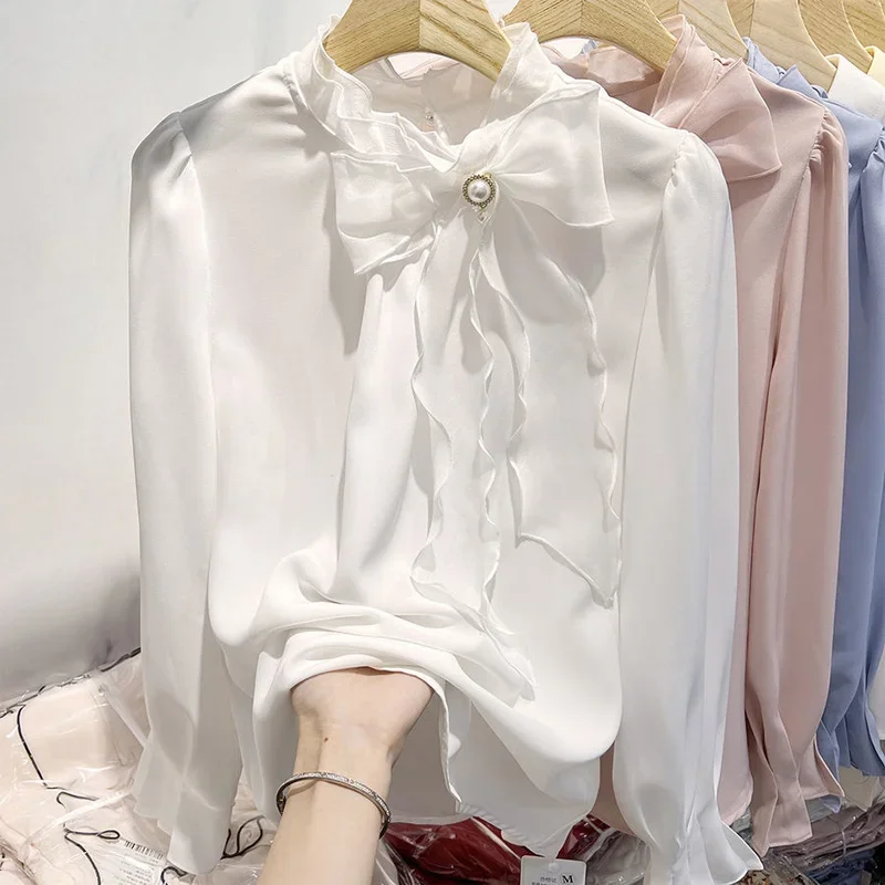 

Spring New Chiffon Pleated Shirt Tops Long Sleeve Half High Collar Solid Color Blouse Temperament Elegant Clothing JJ754