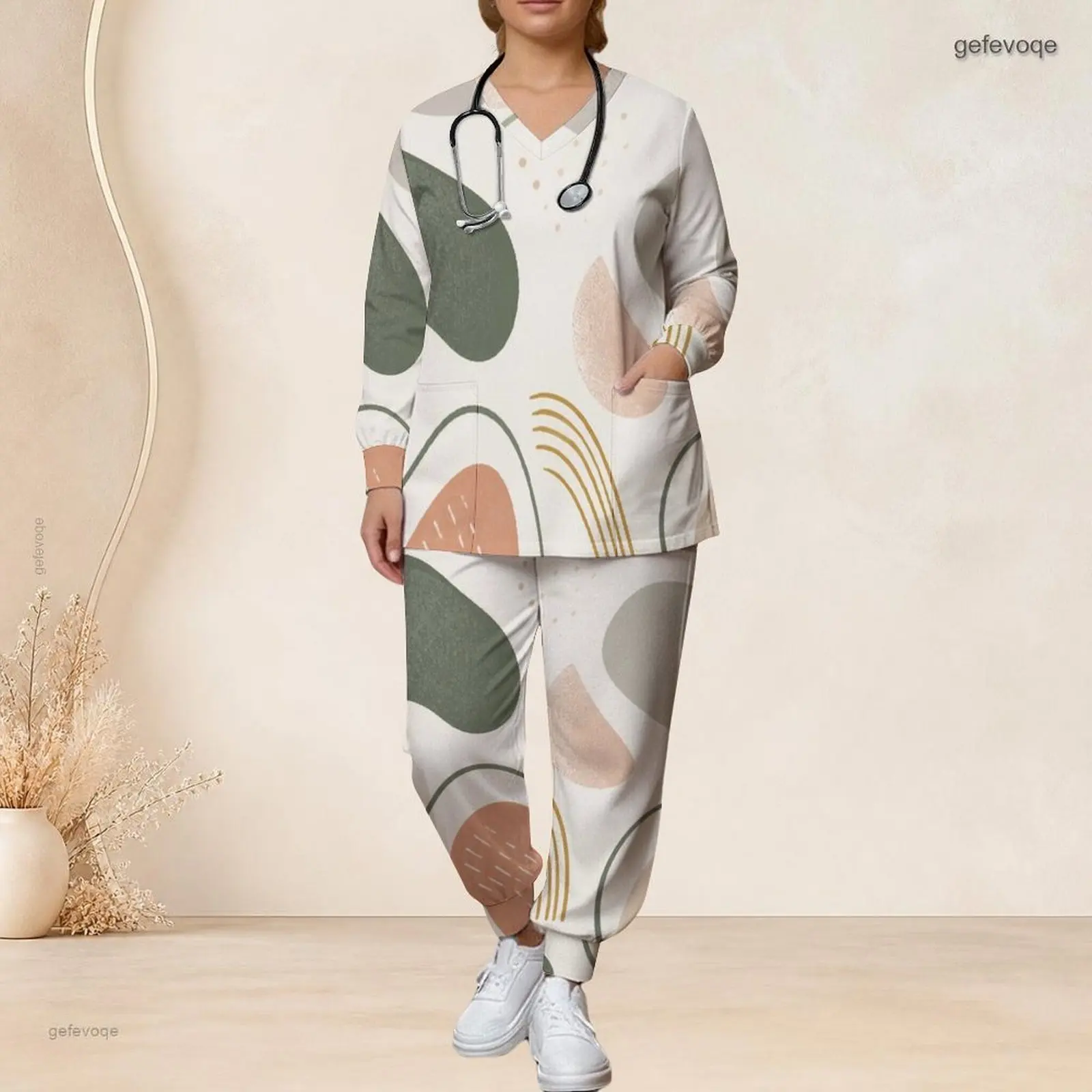 Printed Scrub Set for Women V Neck Long Sleeve Pocket Top Long Pants Two Piece