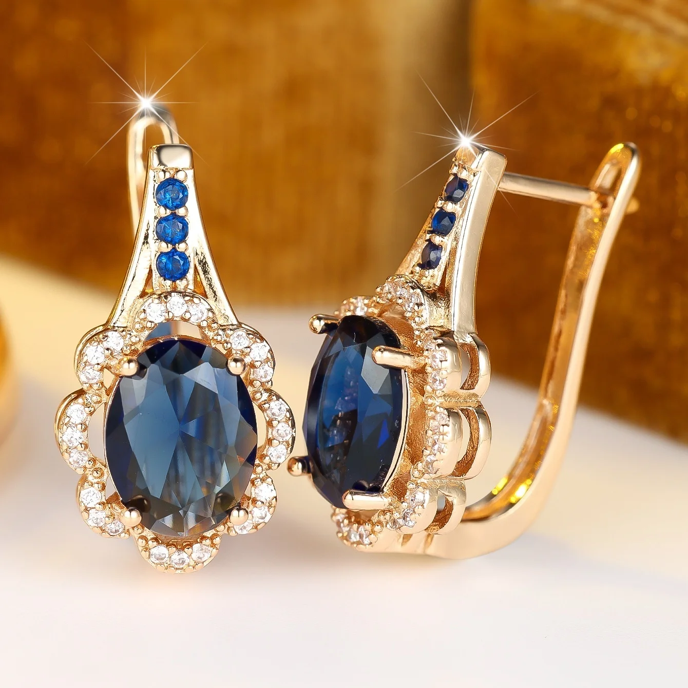 Elegant Female Big Oval Small Round White Blue Zircon Stone Hoop Earrings Trendy Fashion Gold Color Wedding Jewelry For Women