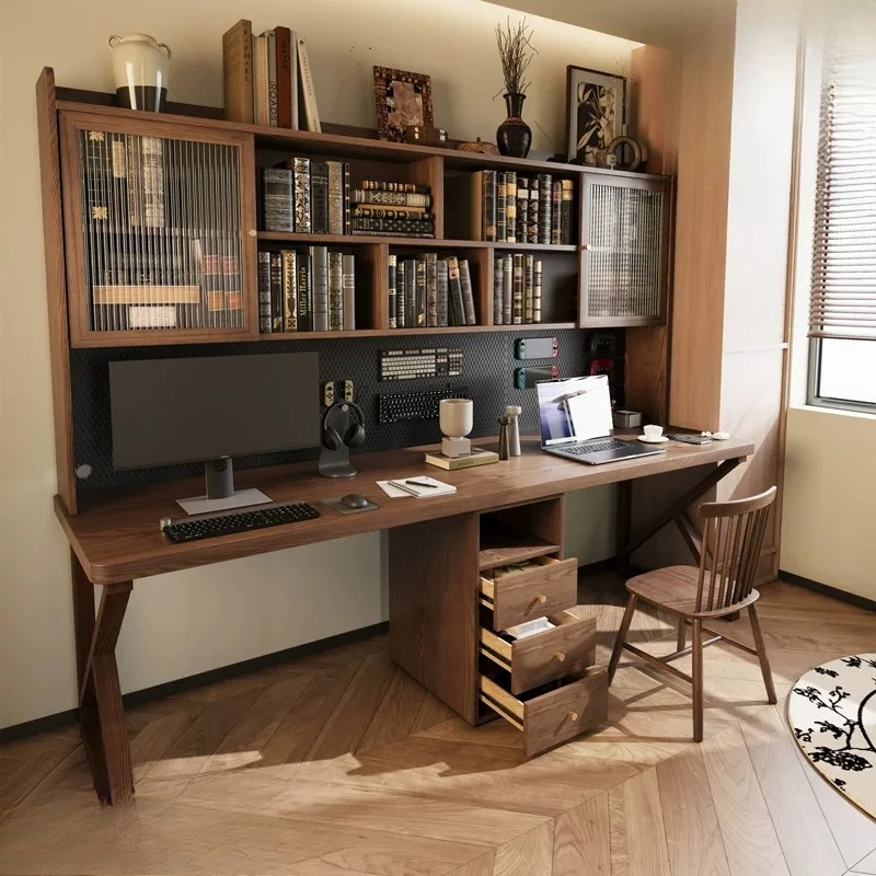Vintage-style long desk with glass cabinet, study large board double computer desk, fully solid wood office workbench
