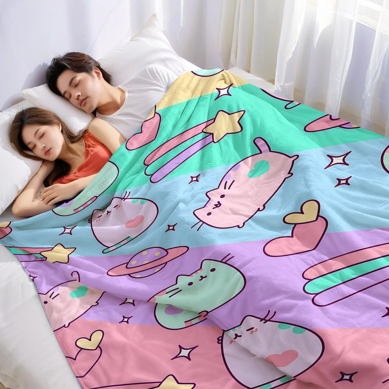 Rainbow P-Pusheen Cat Lightweight Microfiber Soft Christmas Fleece Blanket Warm Cozy Throw for Bed Sofa Office Travel All Season