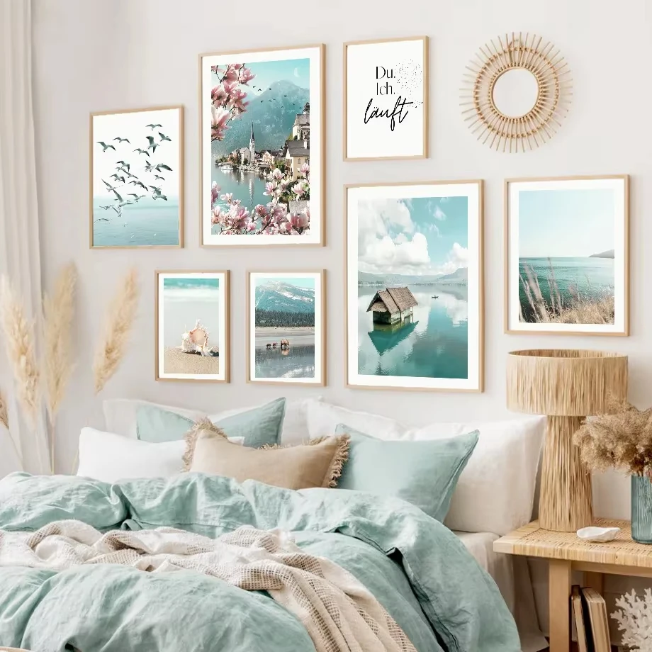 Calm Ocean Landscape Seagull Beach Shell Romantic Cherry Blossom Wall Art Canvas Printing Painting Nordic Poster Home Decoration