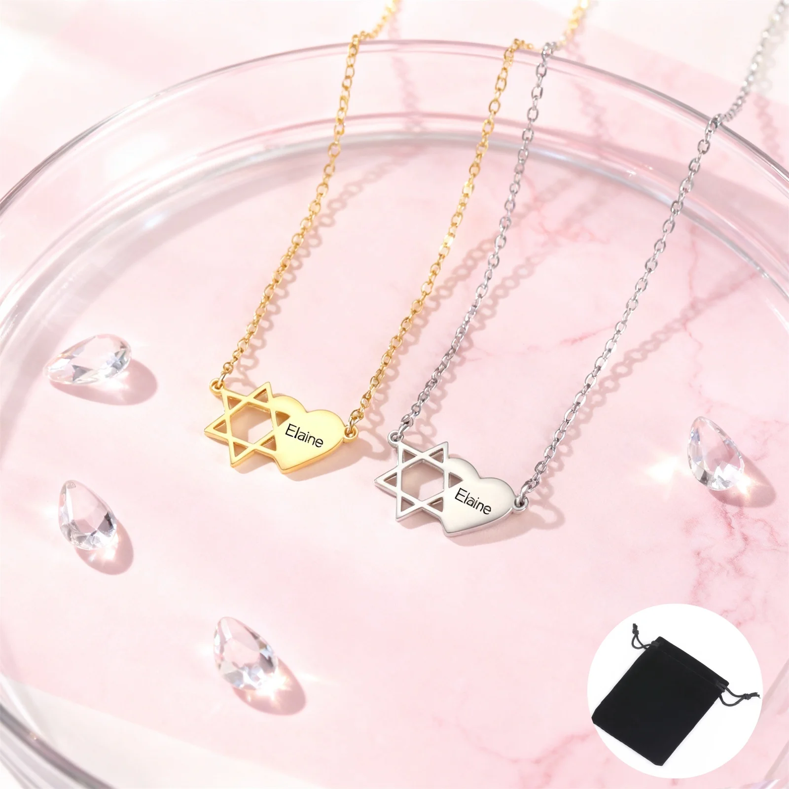Customized Name Love Hexagonal Star Necklace Stainless Steel Personalized Heart David Star Necklace Fashion Jewelry Gift