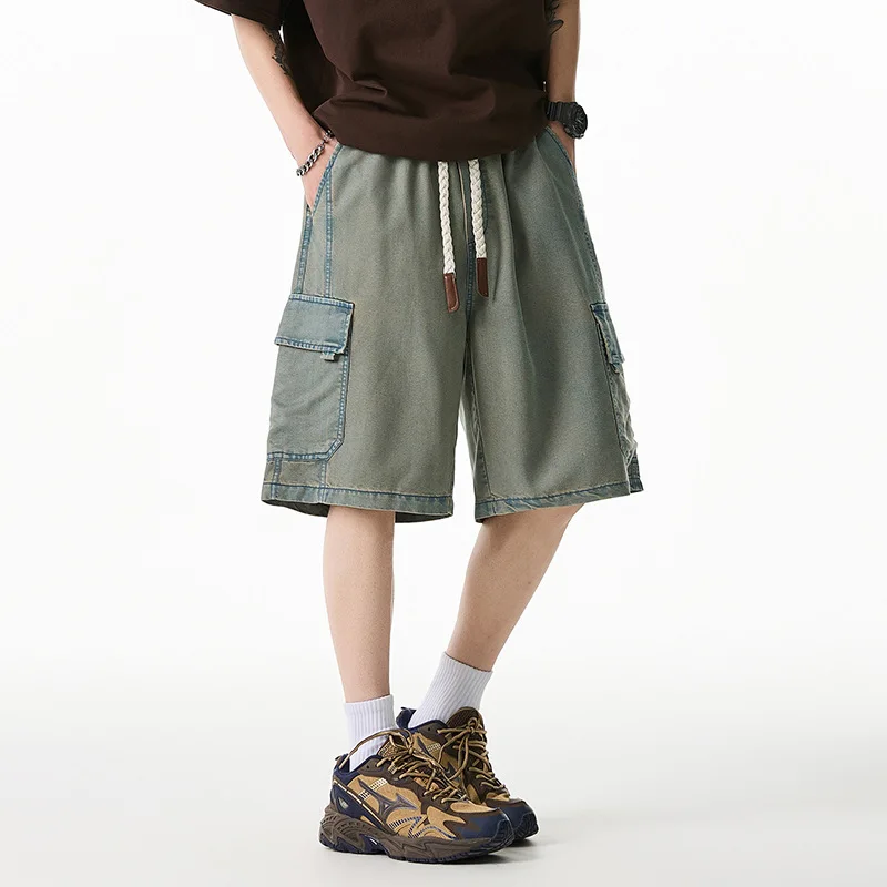

2026 Men summer new thin loose multi pocket workwear five quarter denim shorts seven quarter casual multi pocket denim shorts