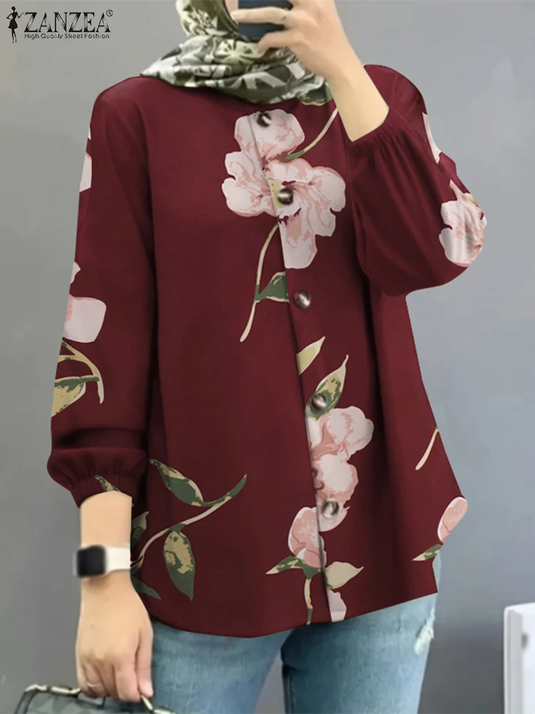 Zanzea Moslim Bohemian Bloemenblouse Vrouwen Lange Mouw Tops Kalkoen Abaya Islamic Kleding Vintage Losse Shirt Duabi Blouse Mujer