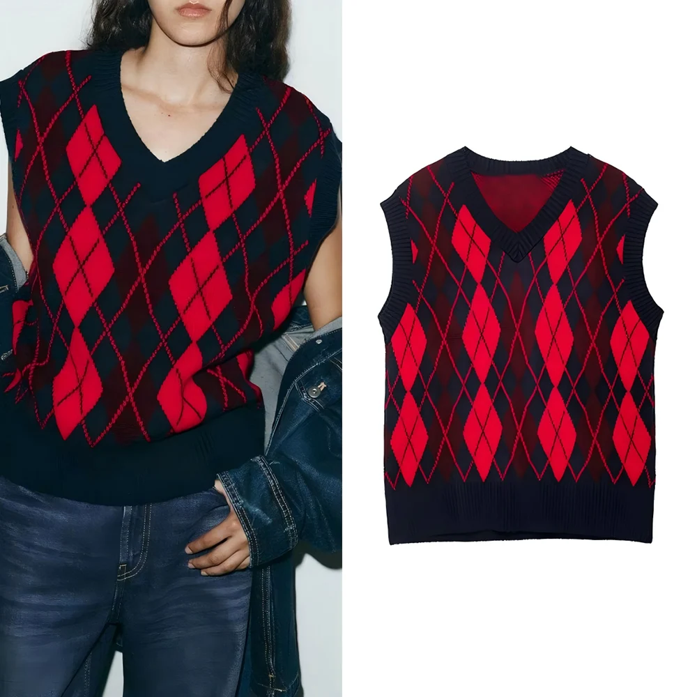 

Women's 2025 new fashion loose versatile diamond grid knit vest retro V-neck sleeveless women's vest chic top