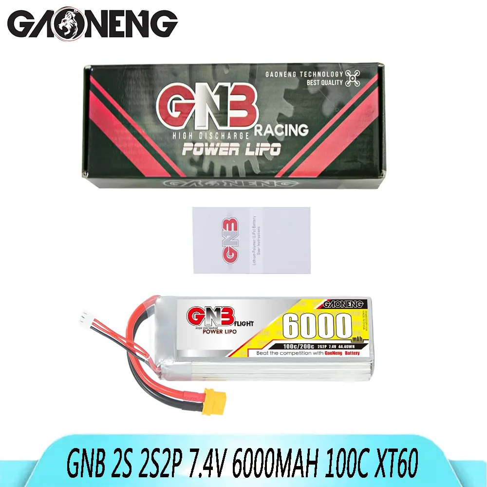 

GAONENG GNB 2S 2S2P 7.4V 6000mAh 100C lithium battery with XT60 plug, suitable for FPV drones and quadcopters.
