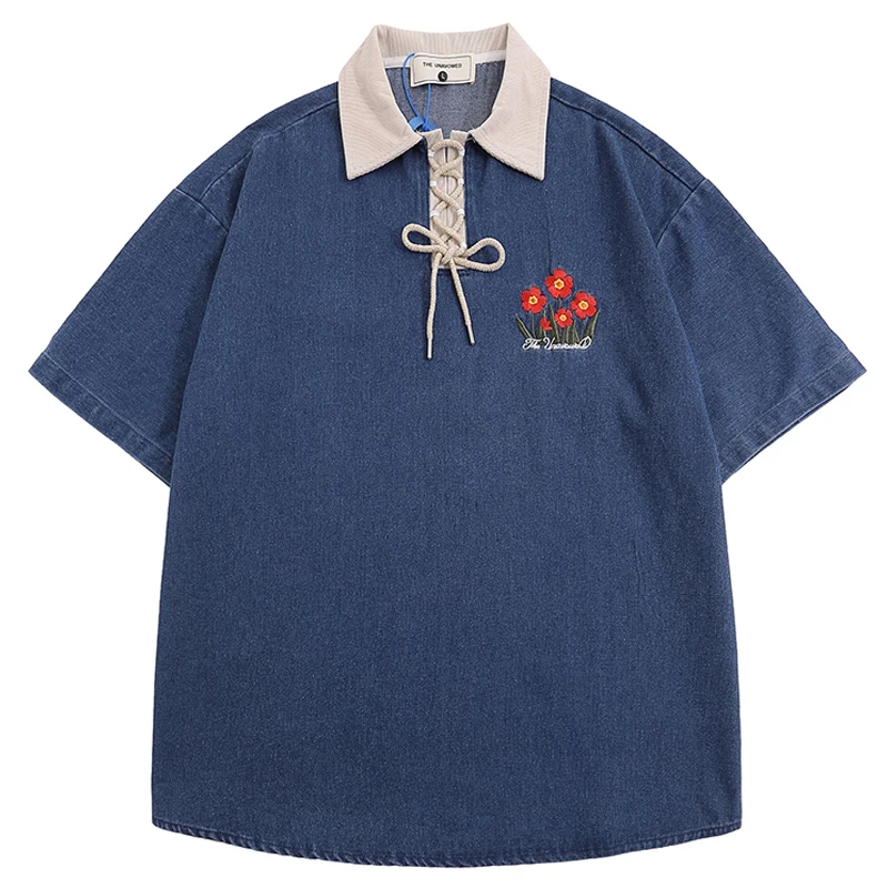 Flower Embroidery Denim Shirts Short Sleeve Mens Summer Retro Casual Spliced Lapel Loose Vintage Harajuku Shirts Men Streetwear