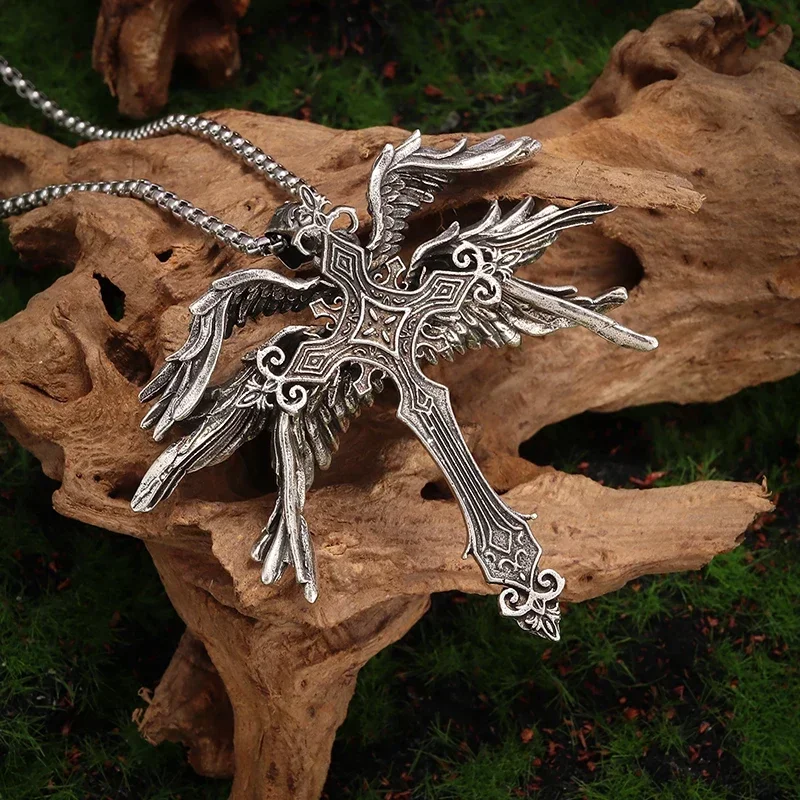 

Retro Punk Holy Angel Six-Winged Cross Pendant Necklace for Men and Women Personalized Motorcycle Trend Amulet Jewelry Gift