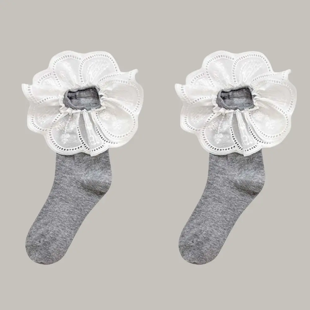 Simple Ballet Style Ruffle Socks Mid Tube White Embroidered Women Hosiery Jacquard Lace JK Cotton Socks Lady