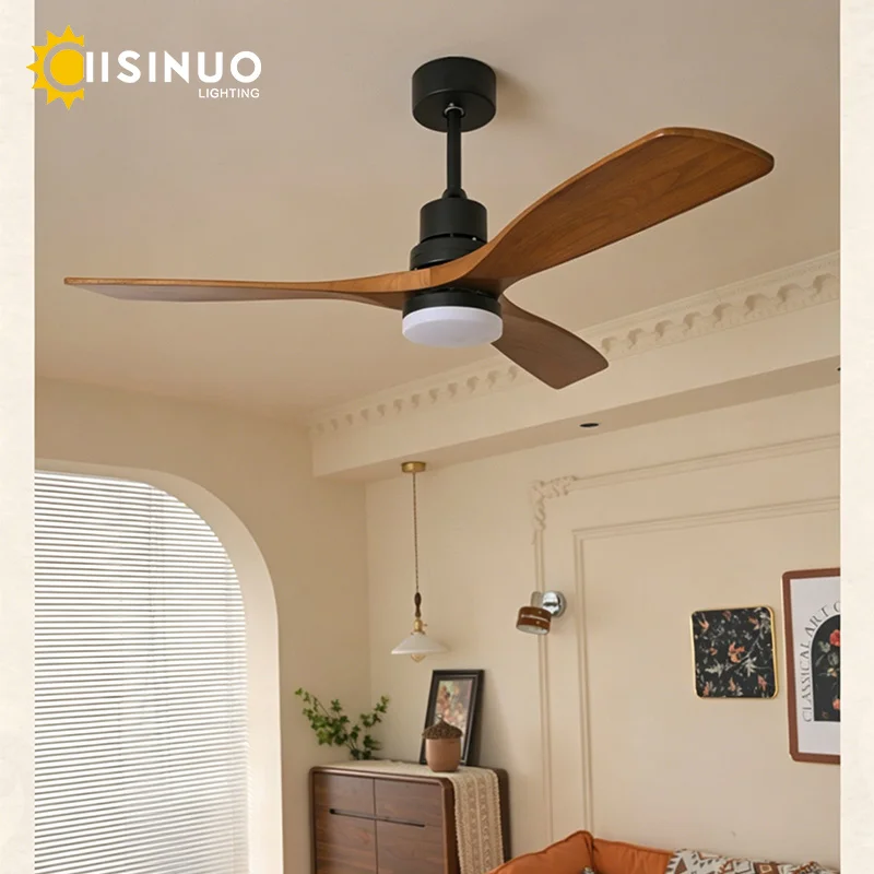 42/52 inch Ceiling Fan Light Solid Wood Blades Black DC Motor 6-Speeds Timing Reversible Low Noise Large Airflow for Home Decora