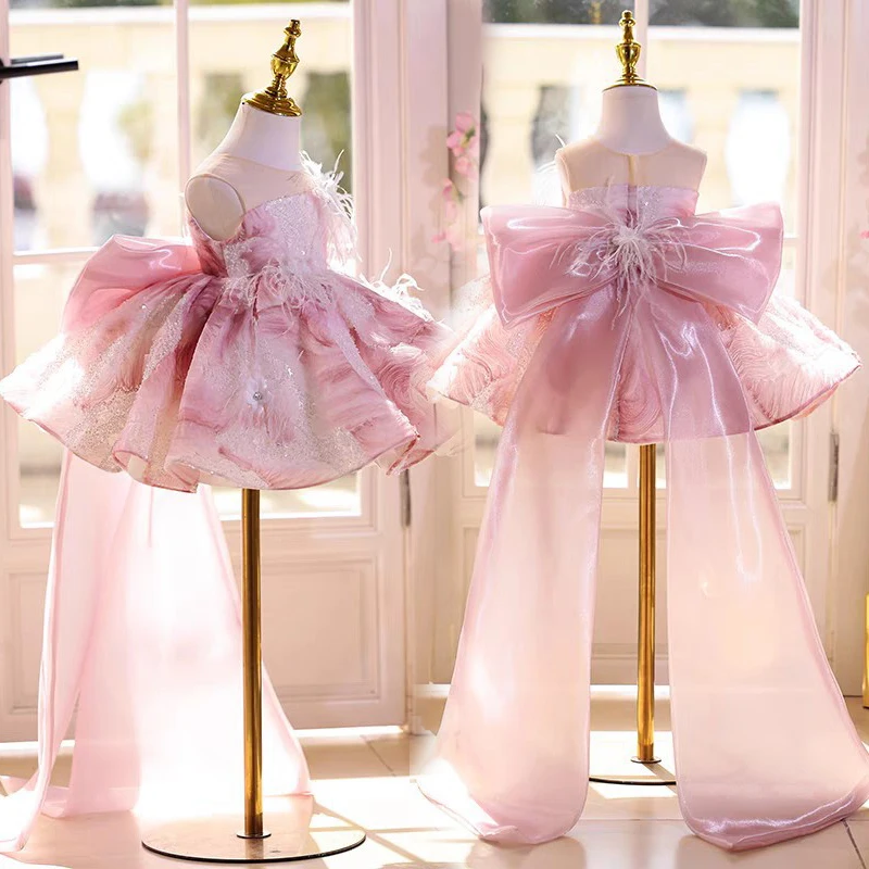 

Baby Kids Princess Lace Tulle Feather Flower Girl Dress Children First Communion Dress Ball Gown Wedding Party Dress Birthday