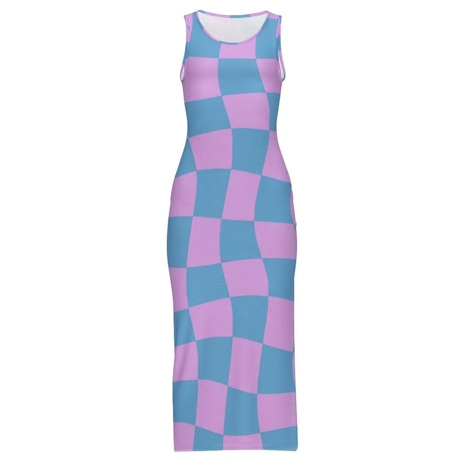 Women Bodycon Dress Kawaii Retro Mod Maxi Dresses Spring Abstract Checkerboard Sleeveless Korean Fashion Custom Dress 3XL 4XL