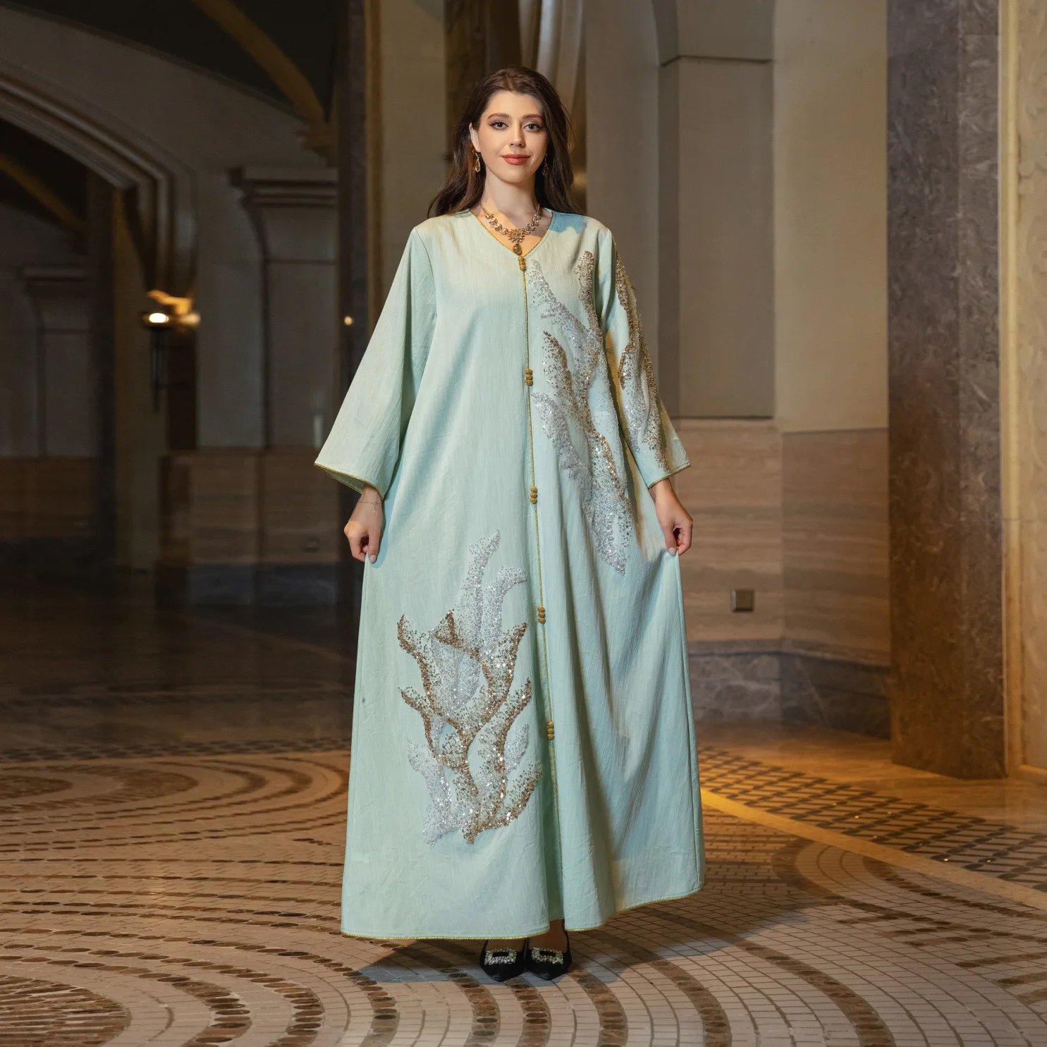 

2024 Ramadan Muslim Dress Women Eid Abaya Dubai Luxury Kaftan Sequin Embroidery Robe Dresses Hijab Abayas Caftan Marocain Femme