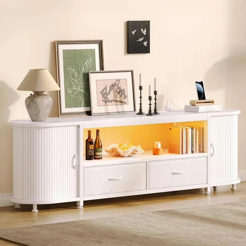 

TV Stand for 55 60 Inch TV, Entertainment Center with Power Outlet and LED, 2 Fabric Drawers TVs Console with 2 Cabinet