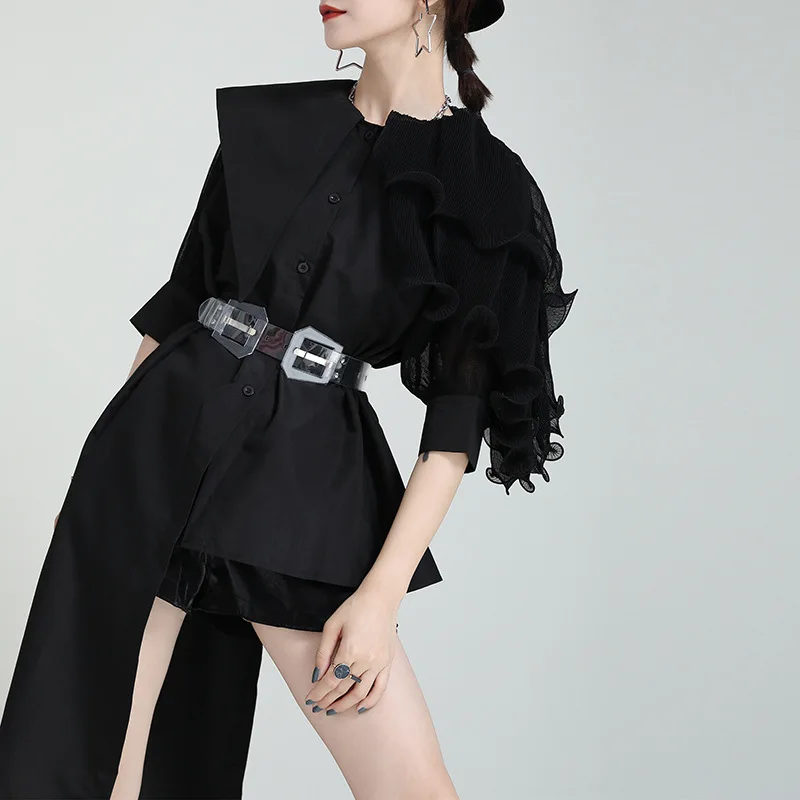 2024 Summer design sense niche irregular stitching pleated bubble sleeve shirt female lotus leaf closed waist asymmetrical top