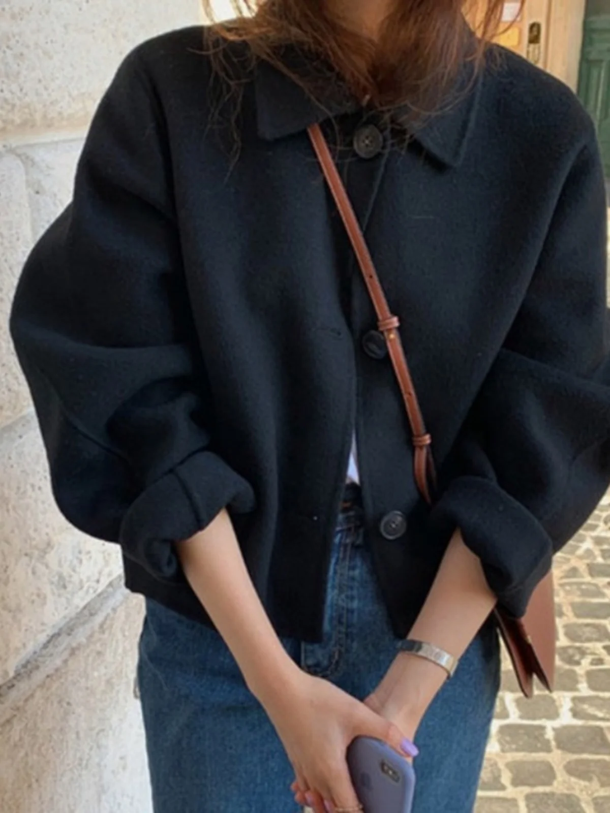 

ort Woolen Coat Women's Chic Autumn Winter Vintage Turn-down Collar Single Button Loose High-ade Feeling Top