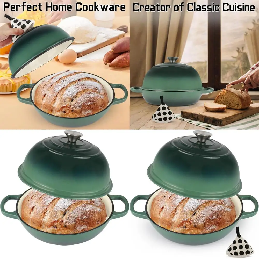 

10 Enamel Cast Iron Bread Dutch Oven with Lid and Cotton Potholder, 6 Quarts Non-stick Cookware for Homemade Bread Baking, Green