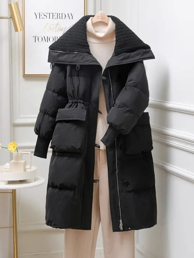 Casaco retrô de inverno estilo britânico feminino, lapela grande, solto, casual, quente, casaco longo, espesso, cintura fina, Parkas femininas, na moda