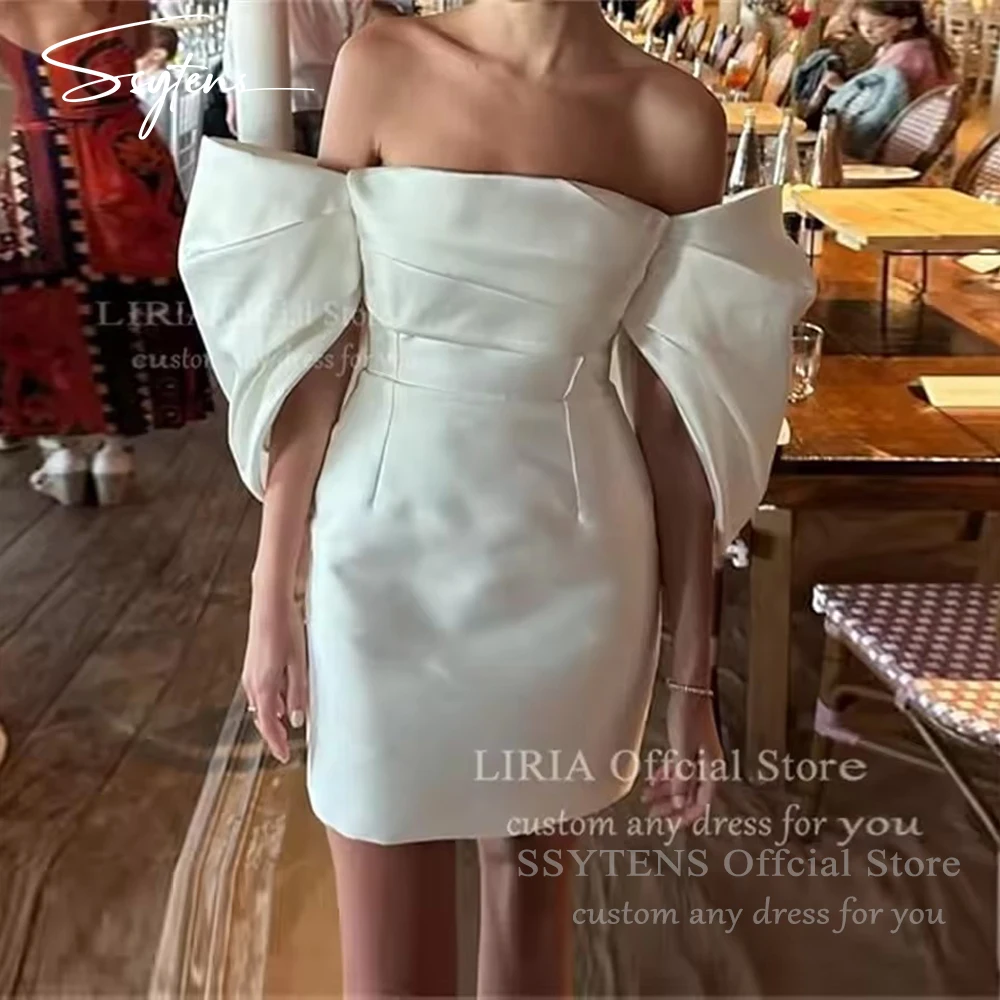 

SSYTENS Elegant Satin Short Wedding Dresses Puff Sleeve Sheath Mini Bridal Gowns Party Dress Customized vestido novia saten 2027