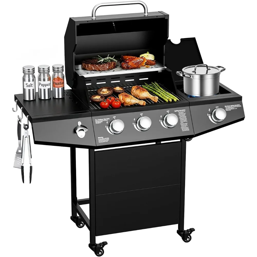

40,000 BTU Propane Grill, 3 Burner BBQ Barbecue Gas Grill with Side Burner and Stainless Steel Grates for Patio, Camping, Outdoo