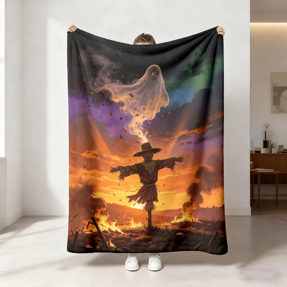1Pc Scarecrow Ghost Flame Night View Flannel Blanket Multi Sizes Soft Warm Throw Blanket Ideal For Sofa Lounge Office Break N