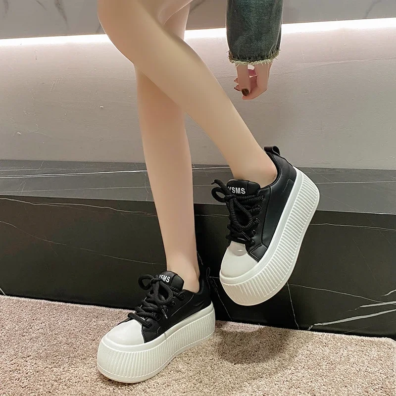 Women Leather Chunky Sneakers New 2023 Autumn Platform Casual Shoes Lace-up Dad Sport Shoes Woman Black Vulcanized Shoes 6.5CM