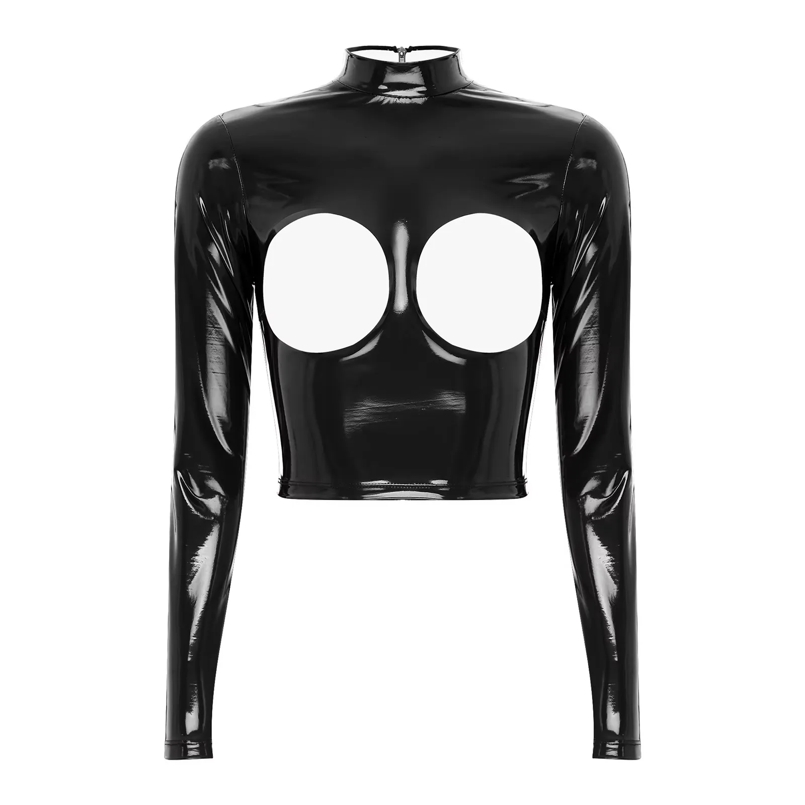 Womens Shiny Metallic PVC Leather Mock Neck Zipper Back Long Sleeve Open Cup Crop Tops Shirt Exposed Breast Coat Jacket Clubwear
