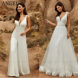 ANGEL 2 In 1 Wedding Jumpsuit 2025 With Detachable Skirt 2 Pieces Bridal Dresses Customized Women Pants Suit Lace Tulle V-Neck