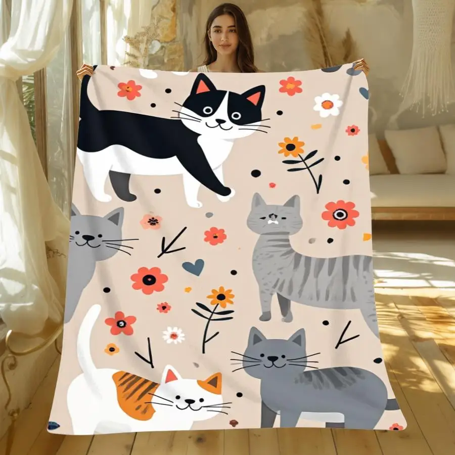 1pc Warm Premium Flannel Blanket with Whimsical Cartoon Cat And Floral Doodle Pattern, Soft Beige Decorative Throw for All Seasons, 280GSM Gift Ready Perfect As Home Decoration & Holiday Gift Choice
