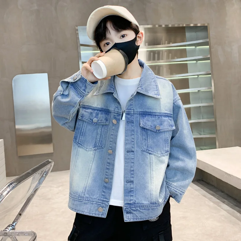 2025 New Boys' Korean Style Denim Jacket with Front Pocket Kids Child Multi Season Casual Long Sleeve Coat Hot Sale Age 3-14 Y