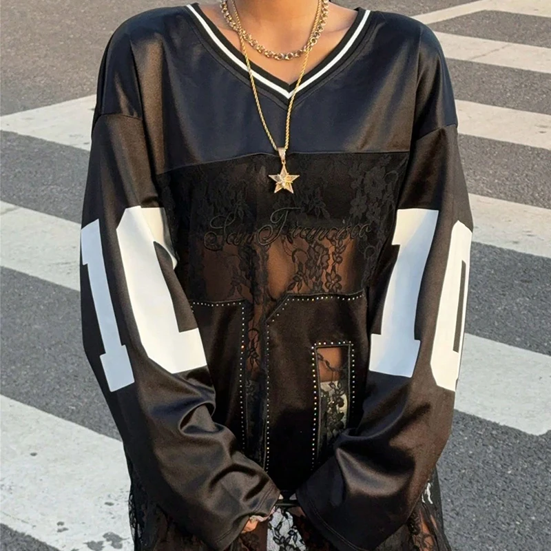 Europe and America spring and summer new personality fashion lace stitching perspective V-neck long-sleeved shirt Ins Style