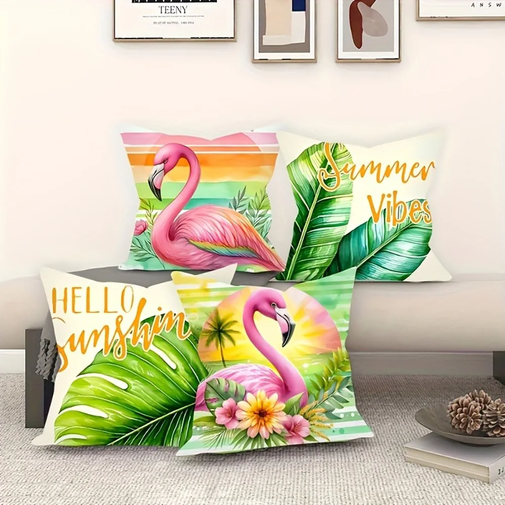 أغطية وسائد بطبعة أوراق الفلامنغو الاستوائية الصيفية: Hello Sunshine، غطاء وسادة أريكة المشاعر الصيفية لتزيين غرفة المنزل