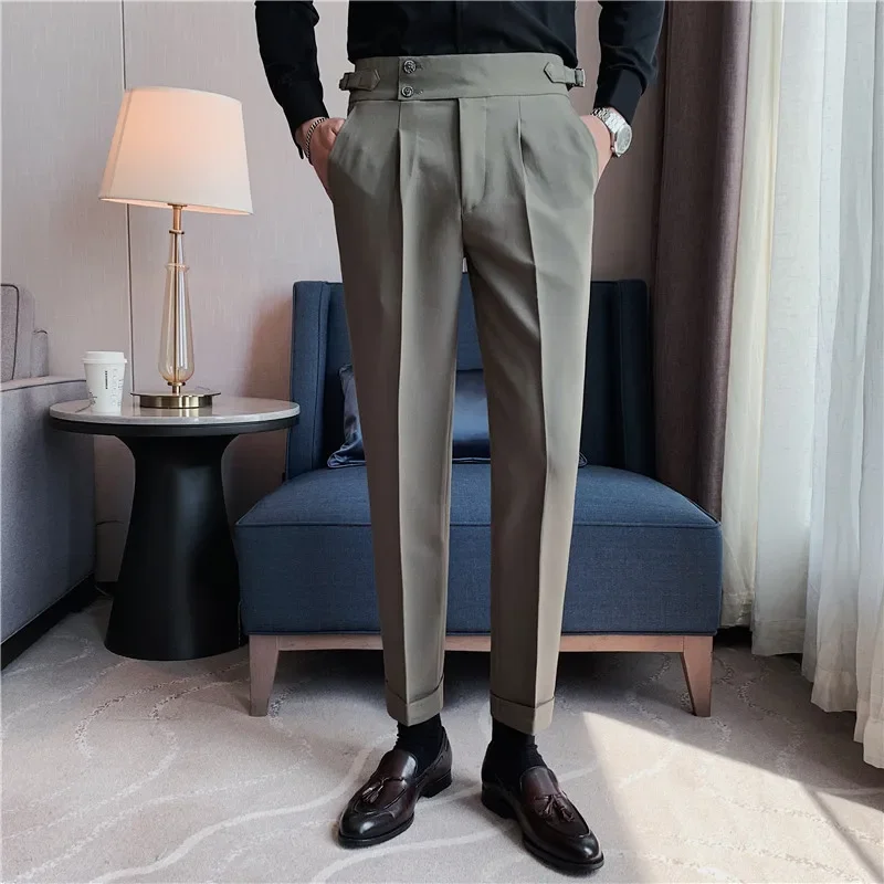 Men High Waist Trousers 2023 Autumn British Style Solid Color Casual Dress Pants Slim Fit Formal Suit Pants Fashion Men Clothing