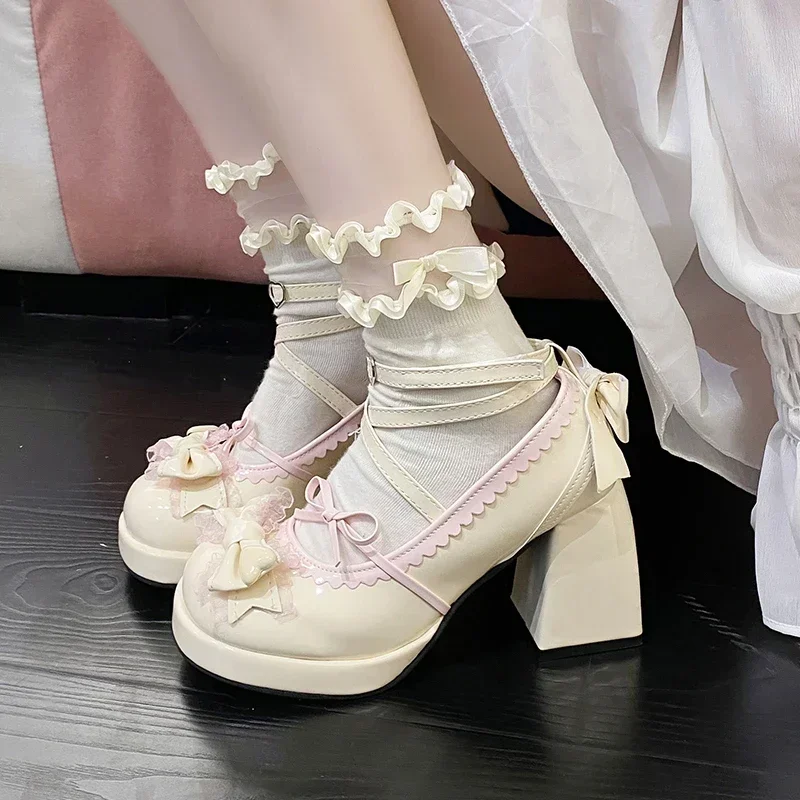 Women Platform Lolita Shoes Bow Mary Janes Shoes Party High Heels Trend Kawaii Leather Shoes Lace Fashion Chunky Heeled Pumps - view 5