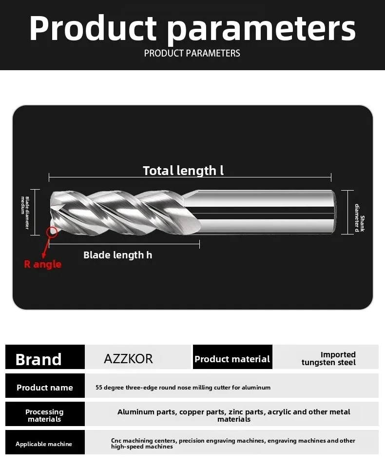 AZZKOR HRC55 3-Schneiden Vollhartmetall-Eckradiusfräser für Hochglanz-Aluminiumlegierungen, verlängerter R-Winkel, Bull-Nose-Fräser – Detail 5