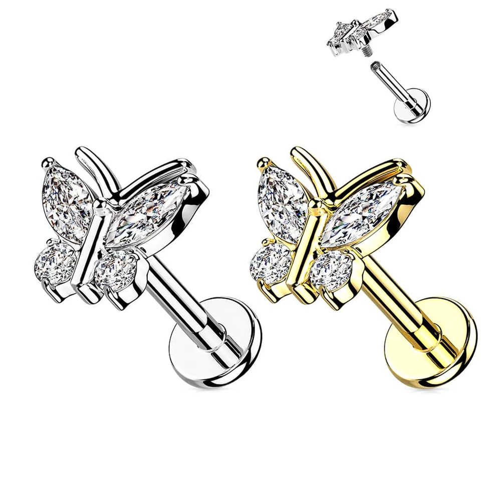 

Butterfly Labret Stud Surgical Steel CZ Gem Internal Thread Flat Back Labret Earrings Piercing Cartilage Ear Stud Body Jewelry